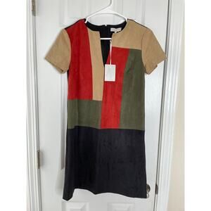 1.State Cabin Fever Shift Dress Size XXS Colorblock Faux Suede Split Neck NWT